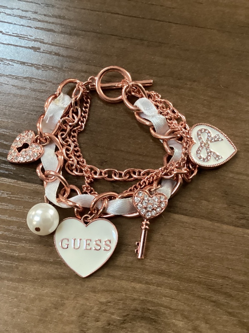 Guess White Heart Charm Toggle Bracelet with Key and Pearl